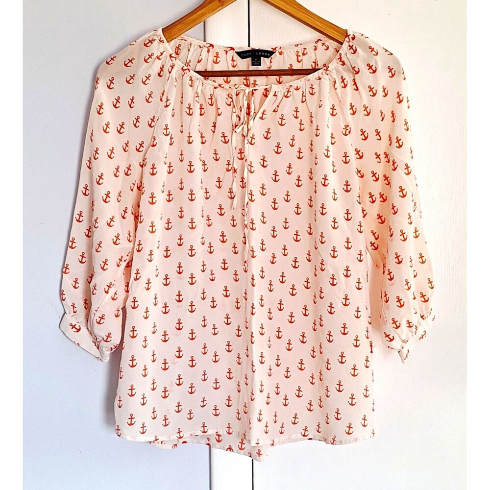 Dora Landa women's silk anchor print tie-neck blouse 3/4 sleeve white/orange M